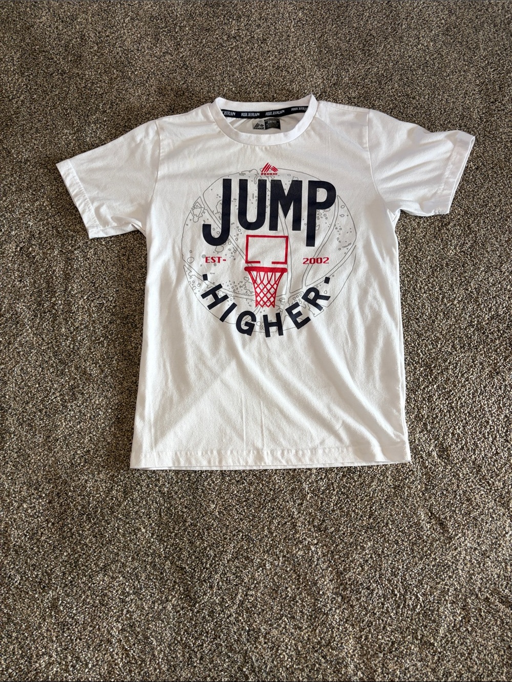 Boys RBX White Tee with Navy and Red 'Jump Higher' Basketball Size M 10/12